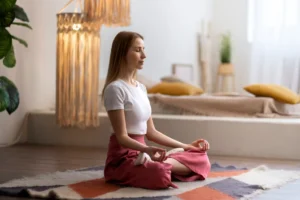 Woman meditating on rug