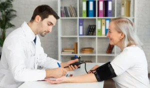 A male doctor checks the blood pressure of an elderly female patient in a clinic.