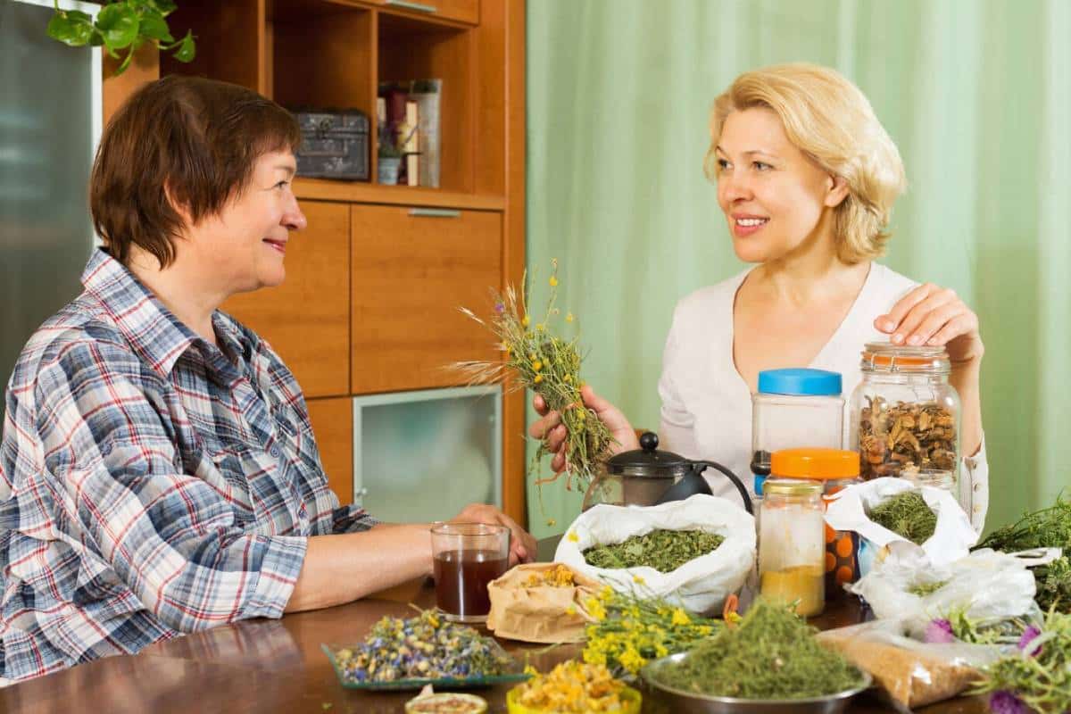 Two women seated at a table, surrounded by various herbs and items, engaged in conversation and exploration.
